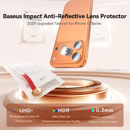 Baseus Impact Anti-Reflective Lens Protector for iPhone 17 Series with certification and product details.