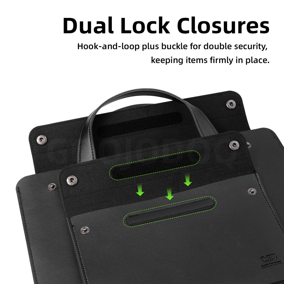 Black bag with dual lock closures and text describing security features.