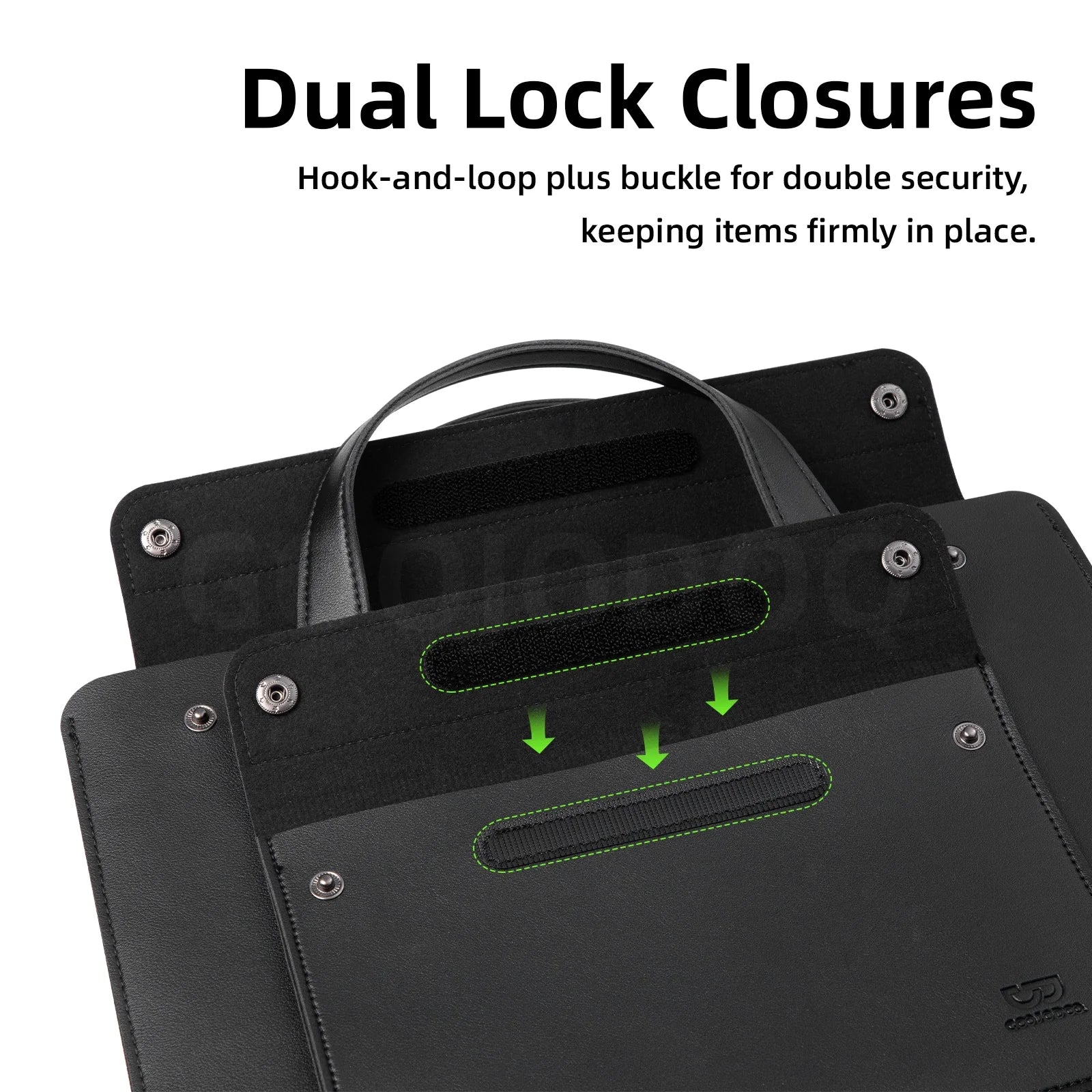 Black bag with dual lock closures and text describing security features.