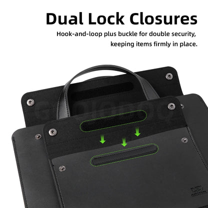 Black bag with dual lock closures and text describing security features.