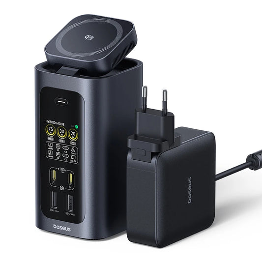 Baseus charging station with multiple ports and a wireless charger on a white background