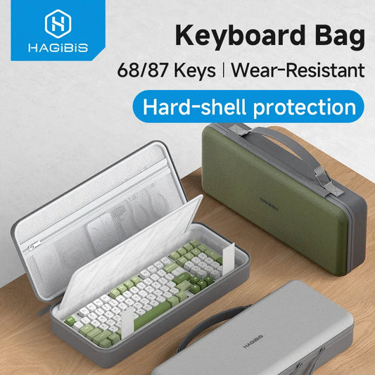 Keyboard bag with HAGIBIS branding, showing a keyboard inside on a wooden surface.