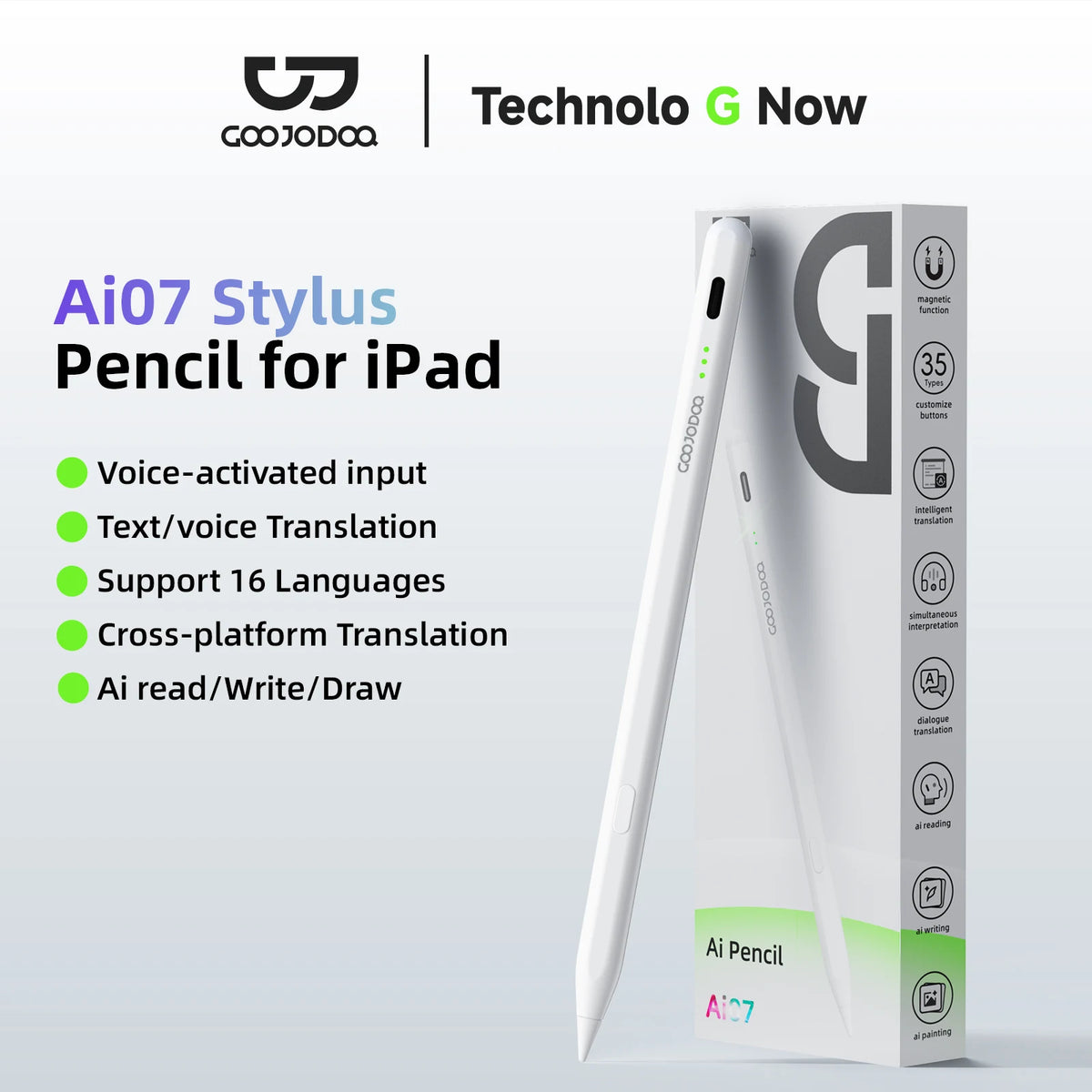 Goojodoq Ai07 Stylus Pencil for iPad with packaging on a light gray background
