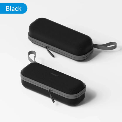 Black carrying case with gray interior on a white background