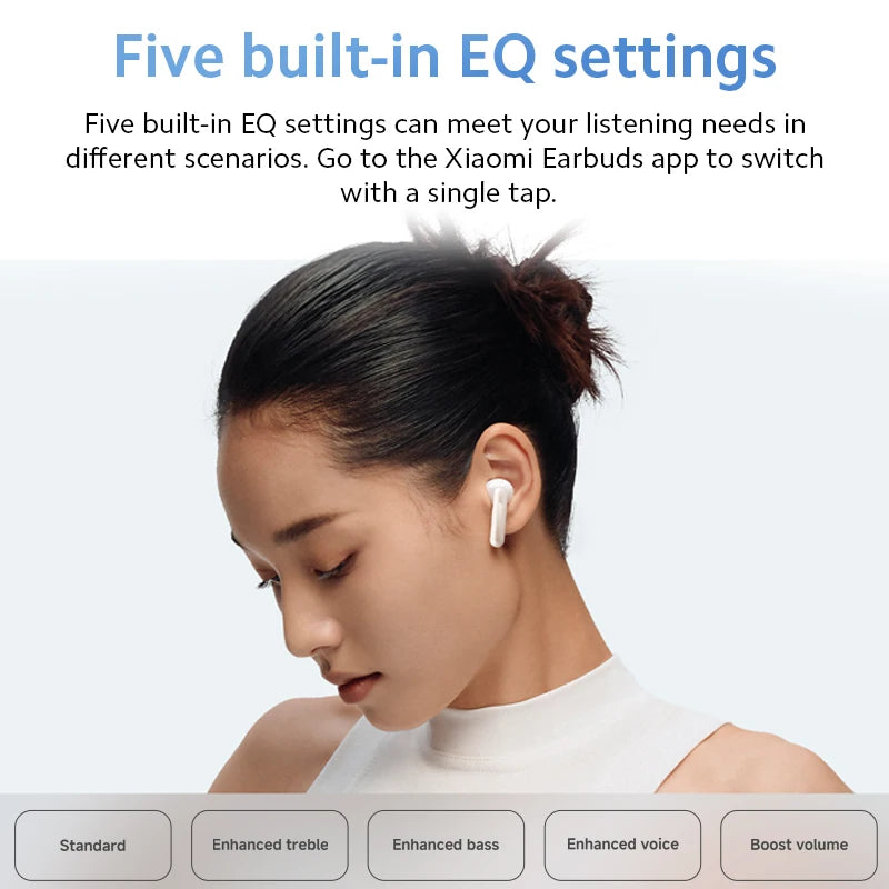 Woman wearing wireless earbuds with text about five built-in EQ settings on a white background