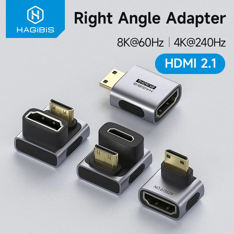 Hagibis right angle HDMI adapter with various connectors on a light gray background