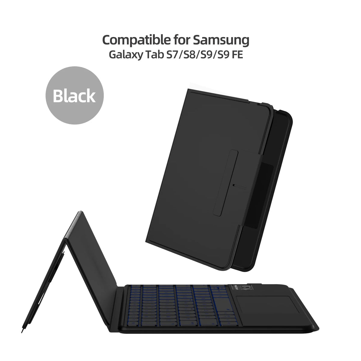 A promotional image featuring a black 11-inch Samsung Galaxy Tab with a magnetic protective case and keyboard attachment. The case is shown in both closed and open positions, displaying the keyboard and touchpad.