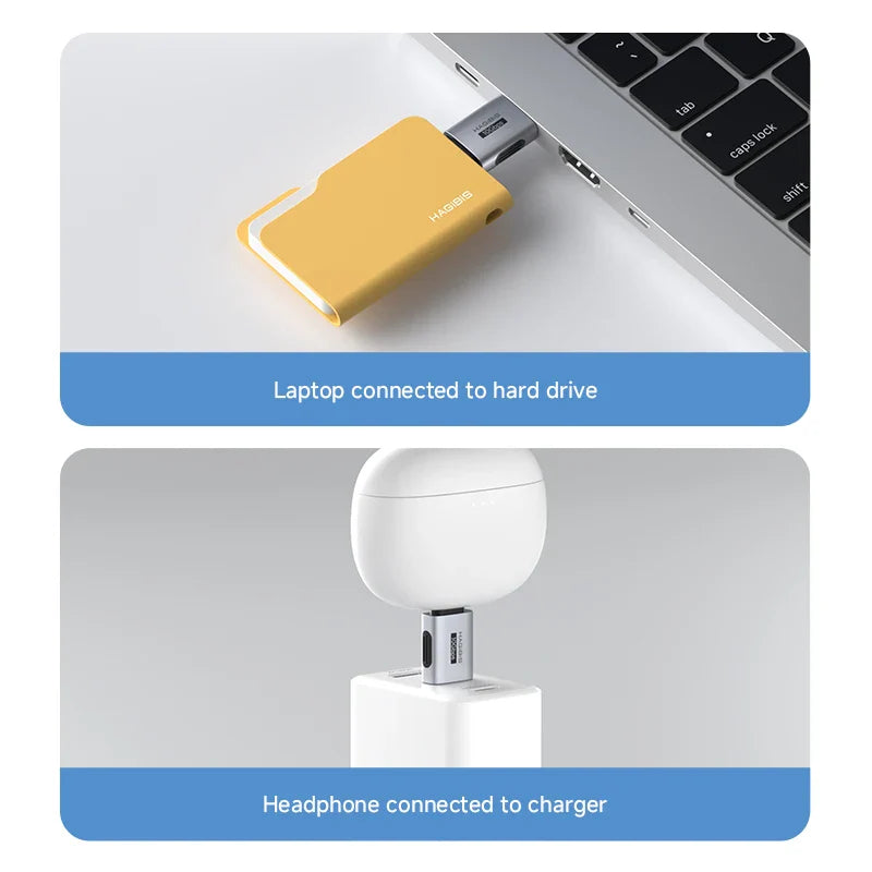 Two USB devices connected to laptops with descriptive text on a white background.