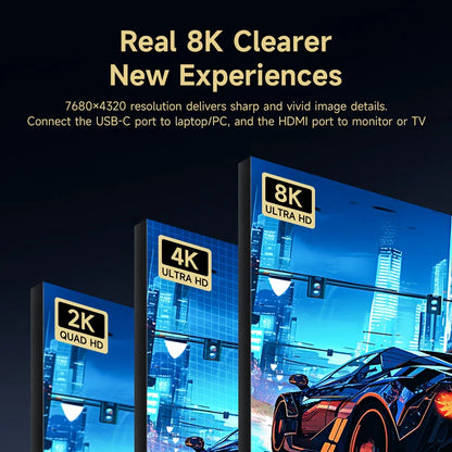 Promotional graphic for 8K Ultra HD display technology showing three angled screen mockups labeled 2K Quad HD, 4K Ultra HD, and 8K Ultra HD against a dark background with marketing text about 7680x4320 resolution and USB-C/HDMI connectivity.