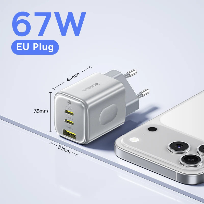 67W EU plug adapter with smartphone on a light blue background