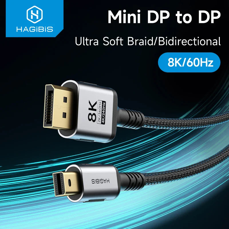 Hagibis Mini DP to DP cable with 8K/60Hz support on a dark background