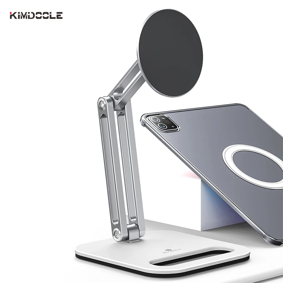 Phone stand with mirror and wireless charging pad on a white background, featuring the Kimdooole brand.