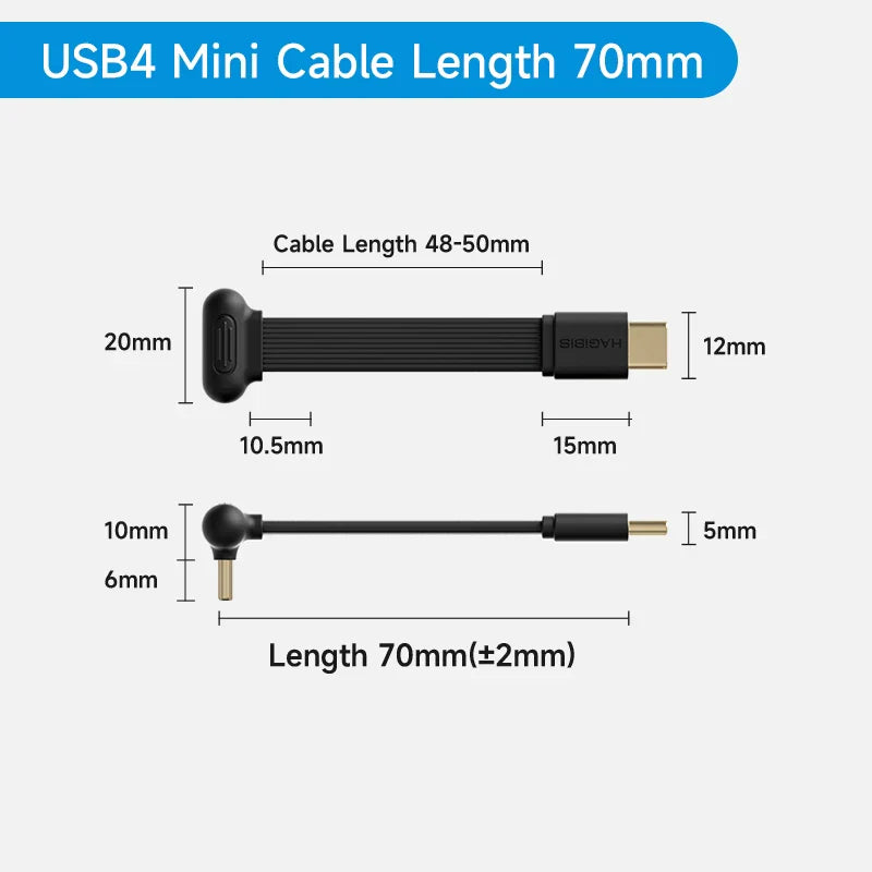 Measurement chart of a USB4 mini cable with dimensions labeled