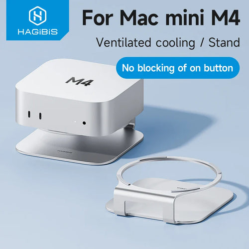 Ventilated cooling stand for Mac mini M4 with Hagibis branding on a light blue background