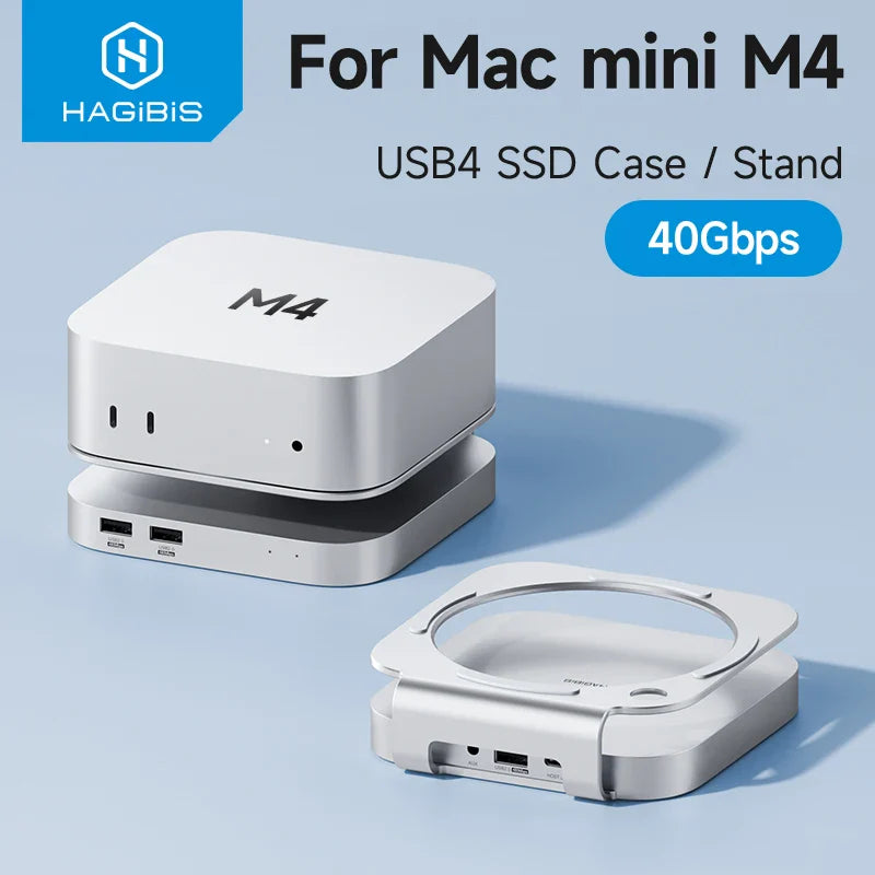 USB4 SSD case/stand for Mac mini M4 with Hagibis branding on a light blue background