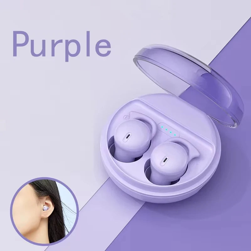 Purple wireless earbuds in a charging case with 'Purple' text on a light purple background.