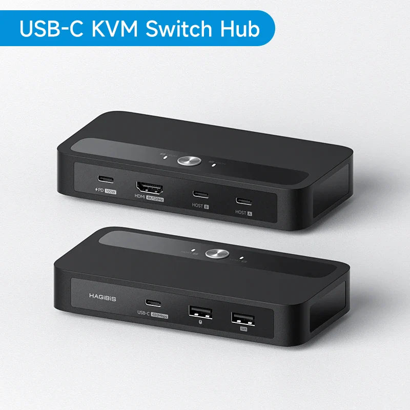 Black USB-C KVM Switch Hub with multiple ports on a light gray background
