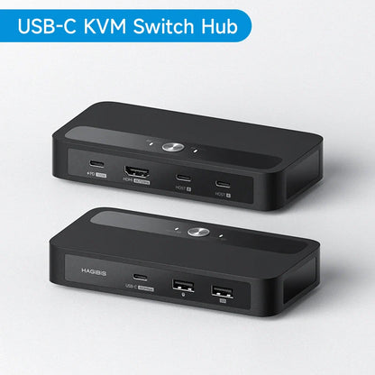 Black USB-C KVM Switch Hub with multiple ports on a light gray background