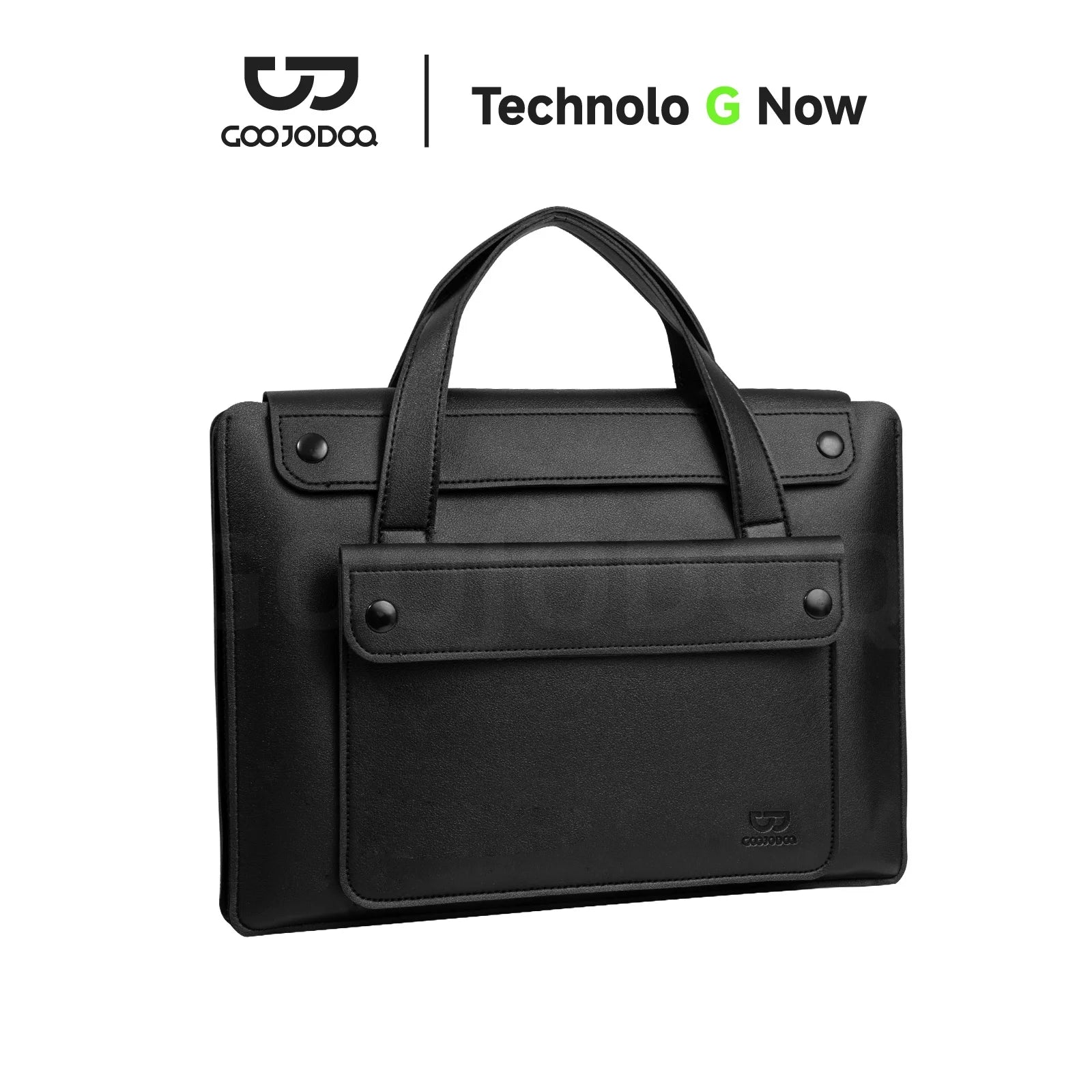 Black briefcase with Cojodoo and Technolo G Now branding on a white background