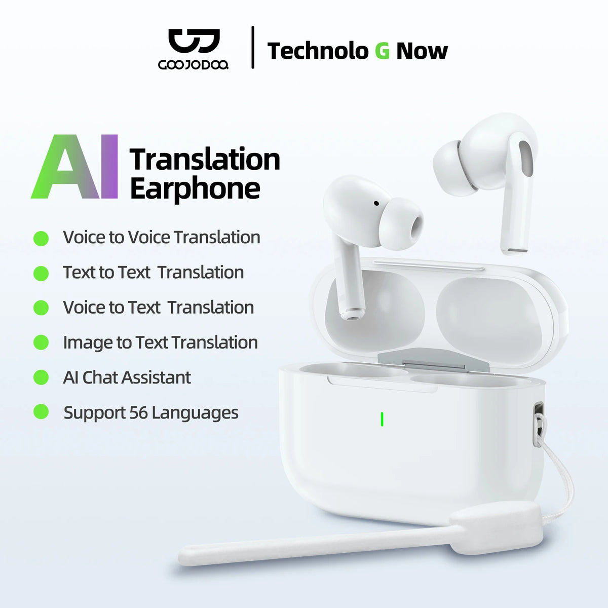 AI translation earphones with charging case on a white background, featuring Coocaa brand.