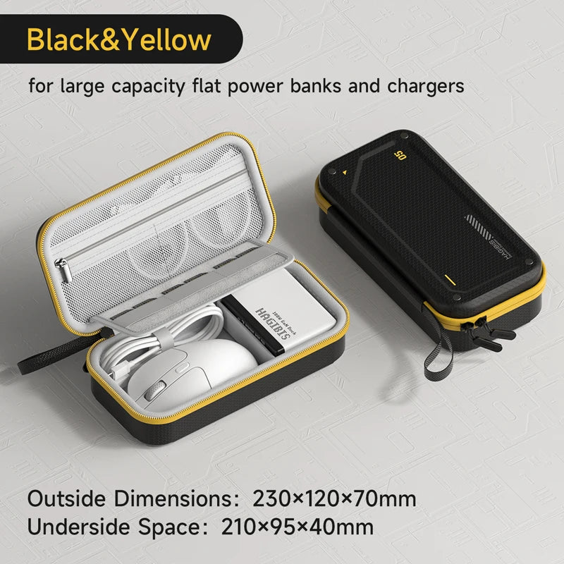 Black and yellow carrying case with power bank and charger on a gray background