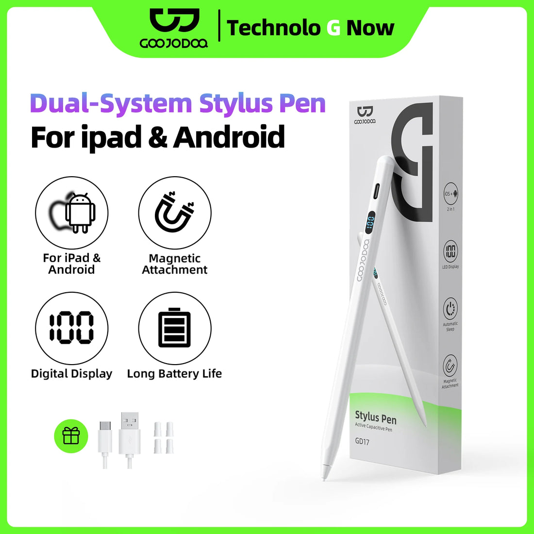 Coojodaa dual-system stylus pen packaging with features listed on a white background