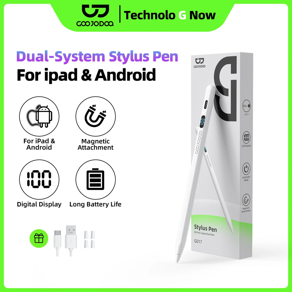 Coojodaa dual-system stylus pen packaging with features listed on a white background