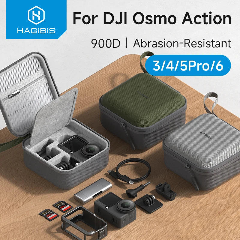 Hagibis protective cases for DJI Osmo Action on a wooden surface with Hagibis branding.