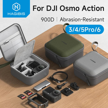 Hagibis protective cases for DJI Osmo Action on a wooden surface with Hagibis branding.