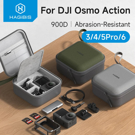 Hagibis protective cases for DJI Osmo Action on a wooden surface with Hagibis branding.