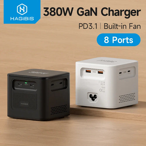 Two 380W GaN 8-port chargers, one in black and one in white, with the brand name Hagibis visible on the top. The black charger has a built-in fan, and both display the text 'PD3.