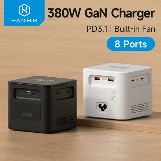 Two 380W GaN 8-port chargers, one in black and one in white, with the brand name Hagibis visible on the top. The black charger has a built-in fan, and both display the text 'PD3.