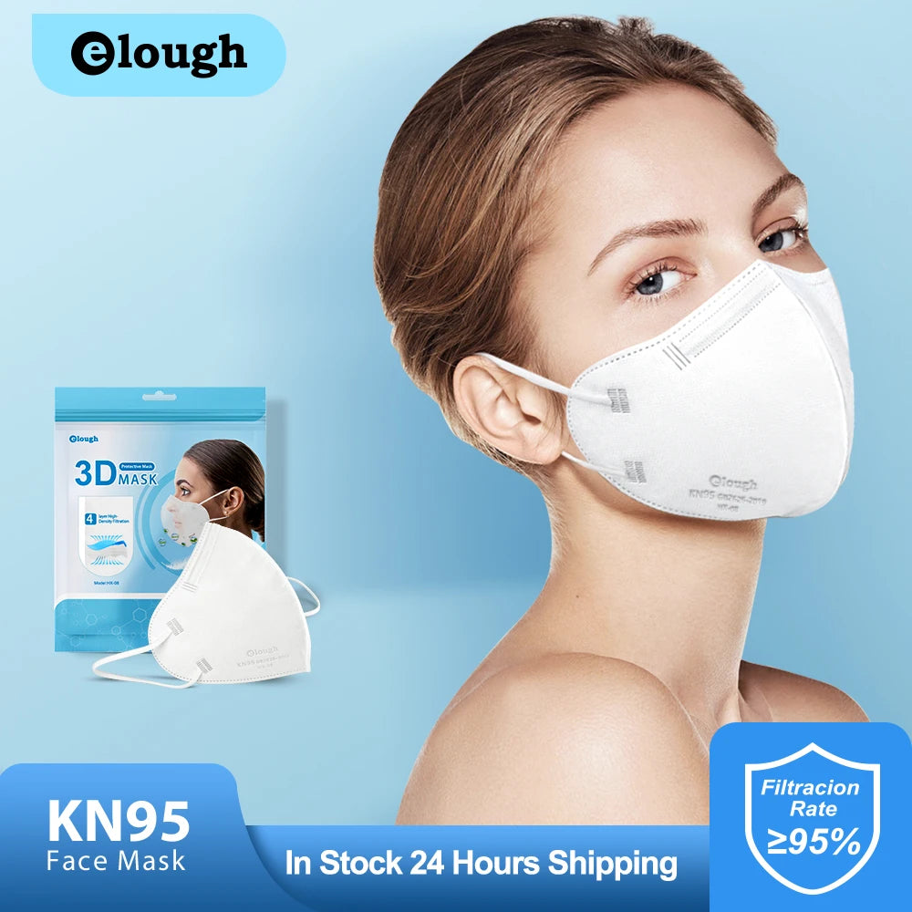 Woman wearing a KN95 face mask with Elough branding and product packaging on a blue background.