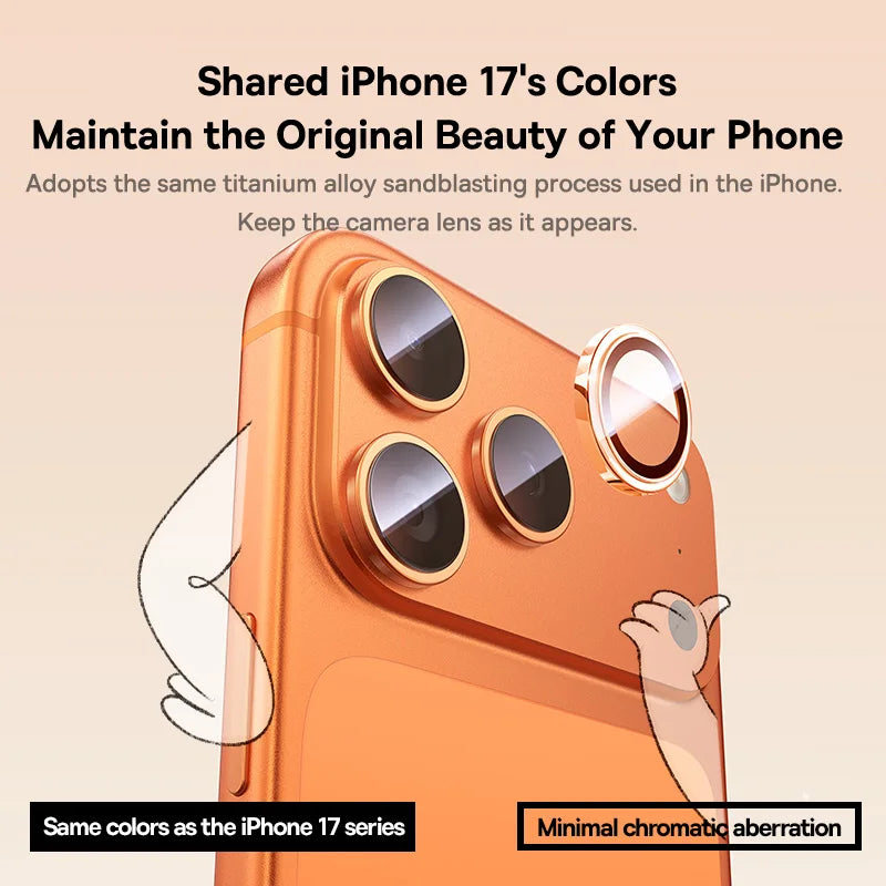 Orange phone case with camera lens protection, text about iPhone 17 colors and features.
