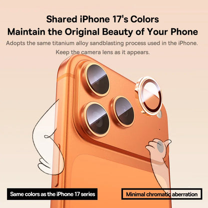 Orange phone case with camera lens protection, text about iPhone 17 colors and features.