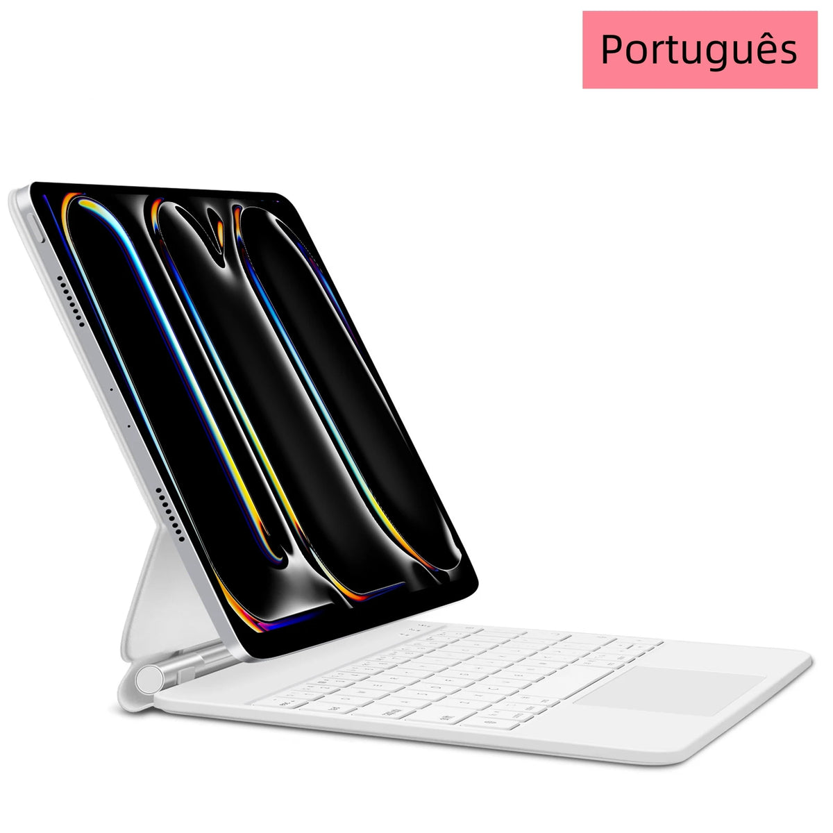The image shows a wireless floating keyboard for iPads with a LED screen display and multiple language options highlighted. The keyboard appears to attach magnetically to an iPad and has a cantilever design for adjustable viewing angles.