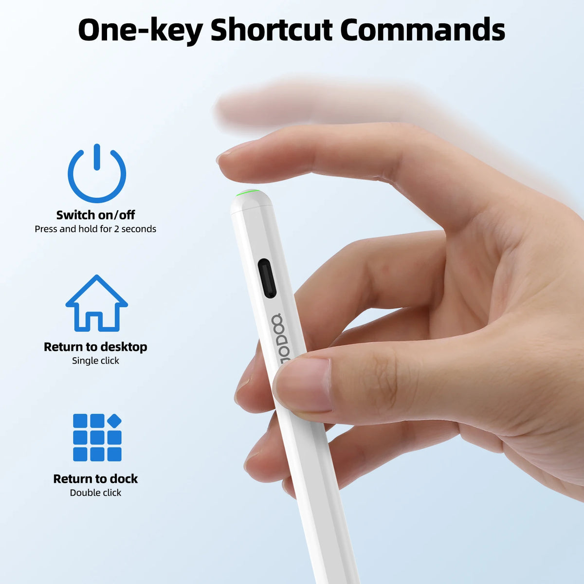 Hand holding a white device with shortcut commands displayed on a light blue background