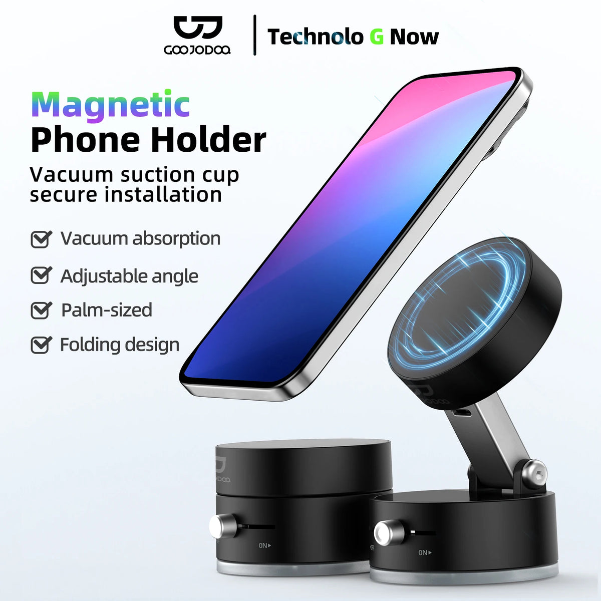 Magnetic phone holder with smartphone on a white background, featuring Coovda branding.