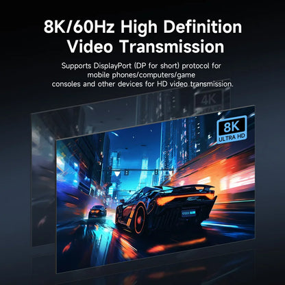 8K/60Hz high definition video transmission display with a racing car scene.