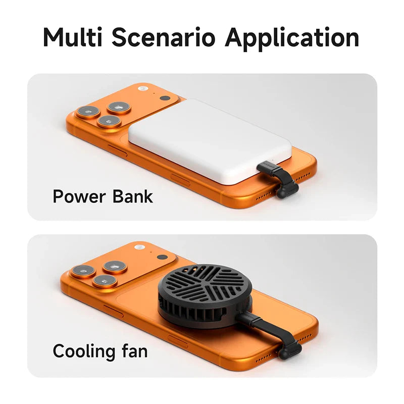 Orange power bank and cooling fan attached to a smartphone with text indicating multi-scenario applications.