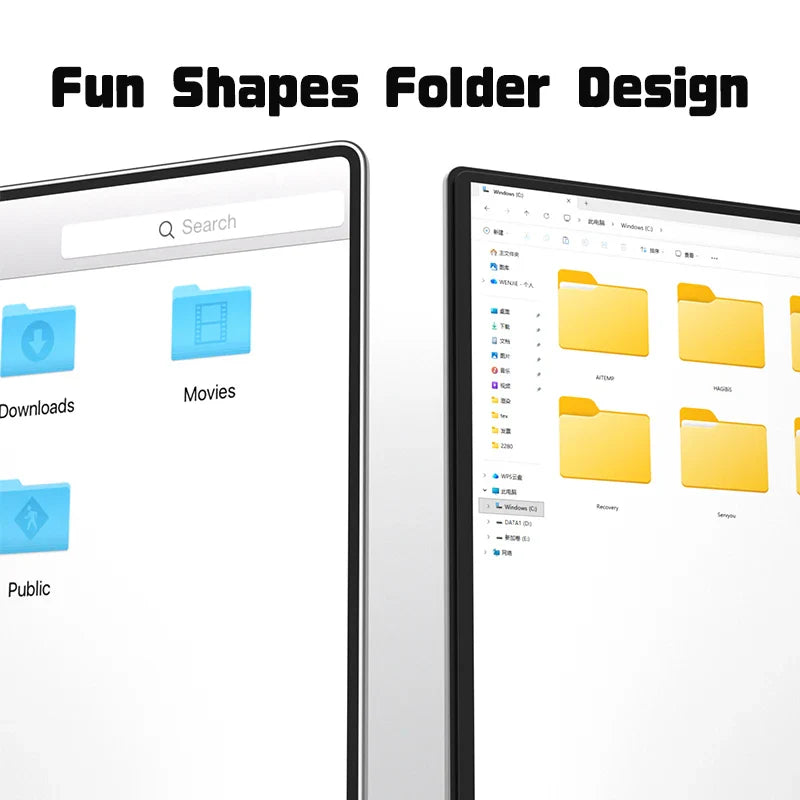 Two computer screens displaying folder icons with 'Fun Shapes Folder Design' text above.