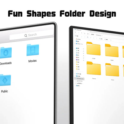 Two computer screens displaying folder icons with 'Fun Shapes Folder Design' text above.