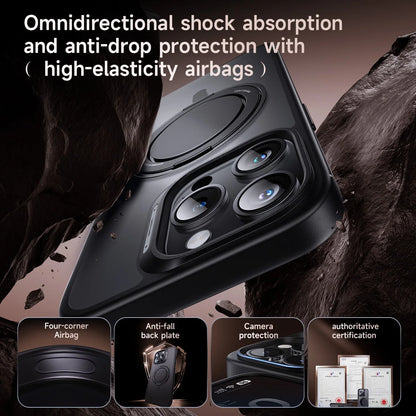Phone case with shock absorption and anti-drop protection features, shown against a rocky background.