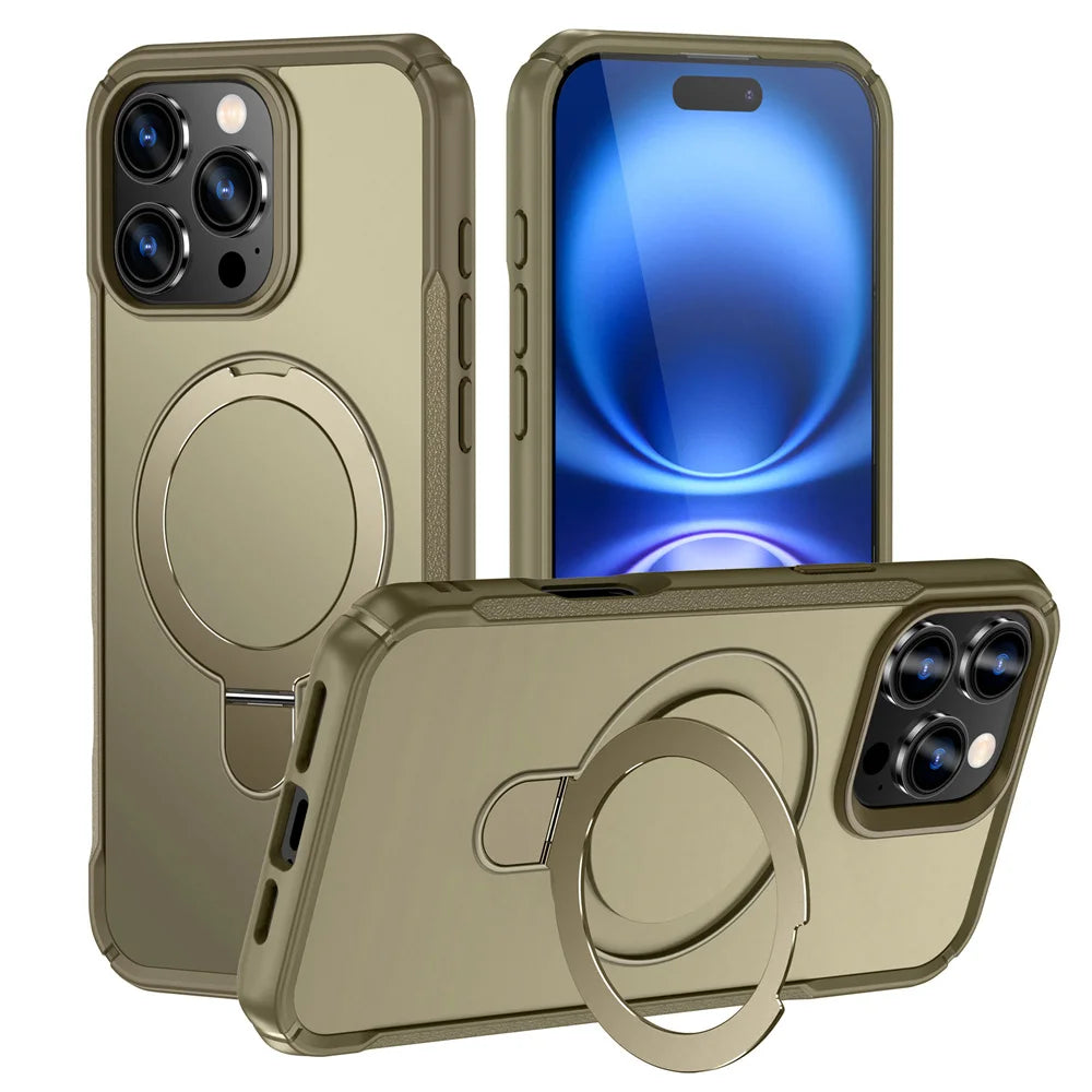 Gold phone case with ring holder and blue screen on a white background