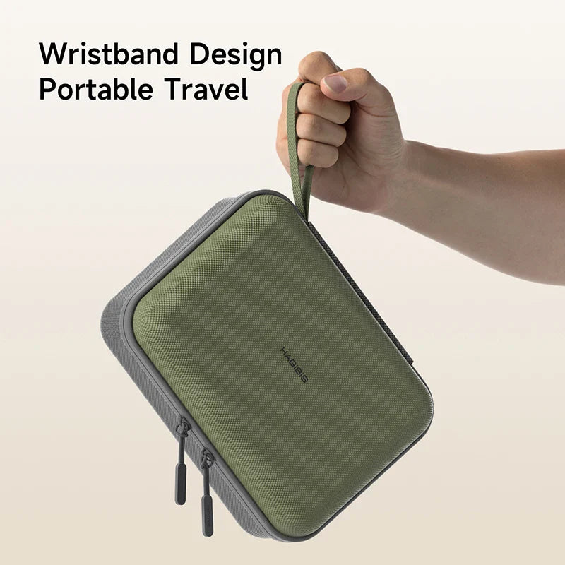 Green travel pouch with wrist strap held by a hand on a beige background