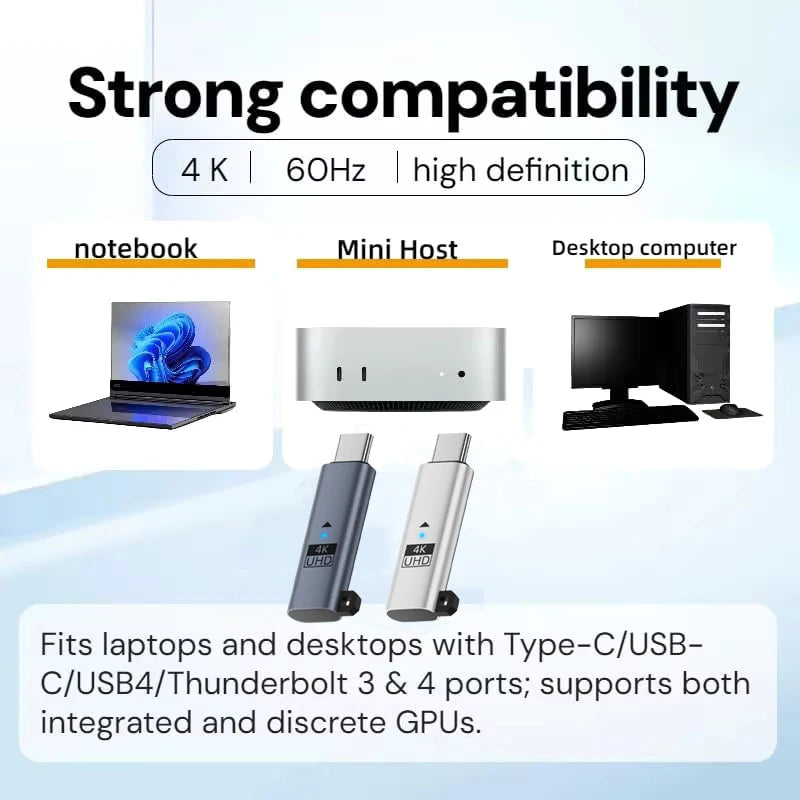 Compatibility graphic for a mini desktop host computer, showing it works with notebooks, mini hosts, and desktop computers. The product itself is depicted as a small silver and dark gray USB-C to USB-C/Thunderbolt 3 & 4 hub in the center, with text highlighting 4K, 60Hz, high definition, and compatibility with laptops and desktops.