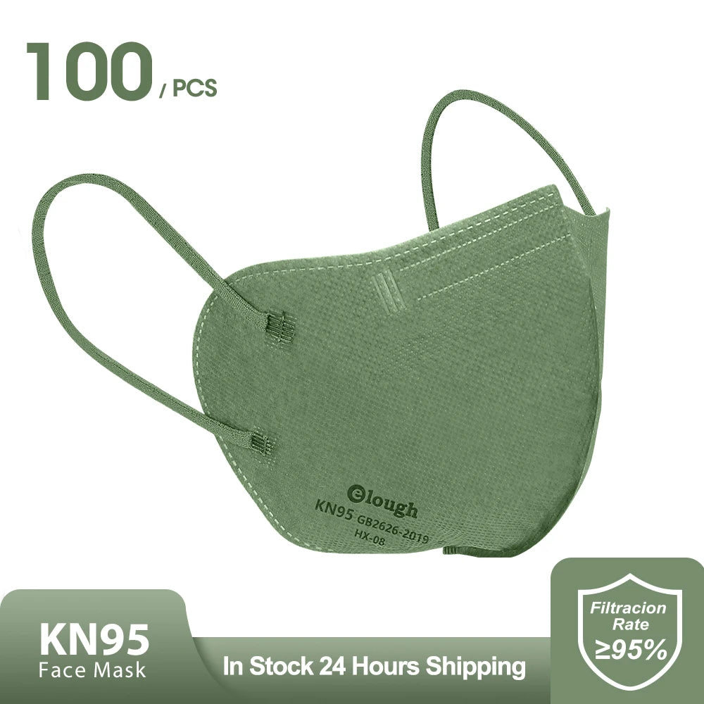 Green KN95 face mask with branding and product details on a white background