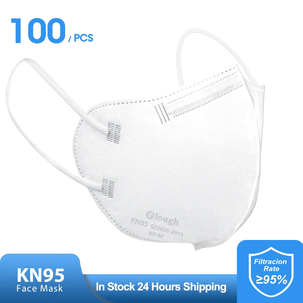White KN95 face mask with branding on a white background