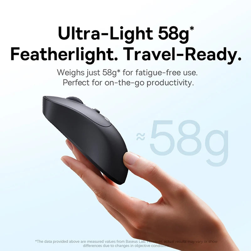 Hand holding a black computer mouse with text about its weight and features on a light blue background