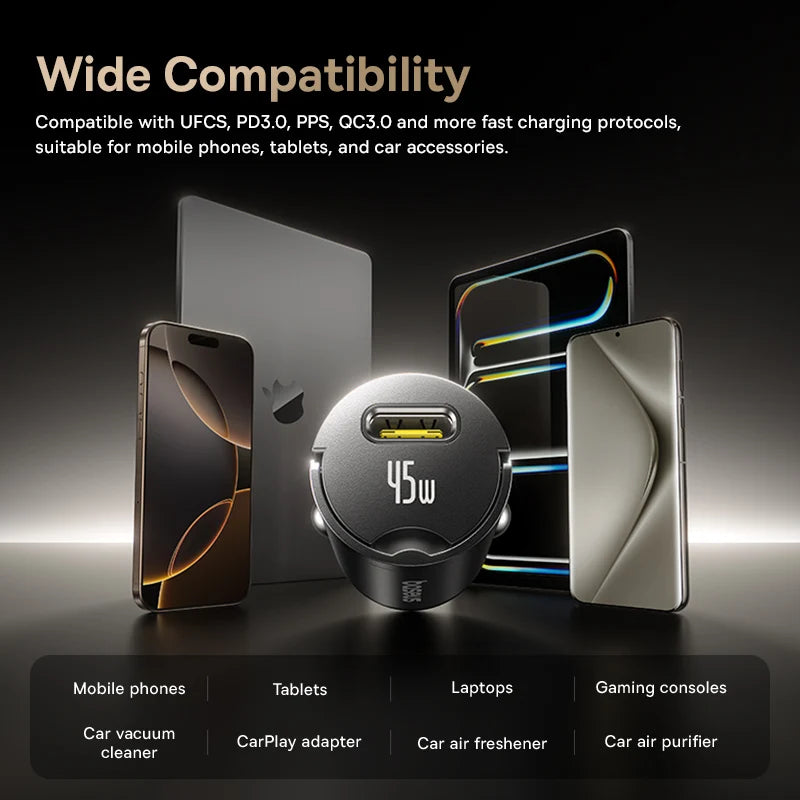 45W charging adapter with compatibility text and icons for various devices on a dark background